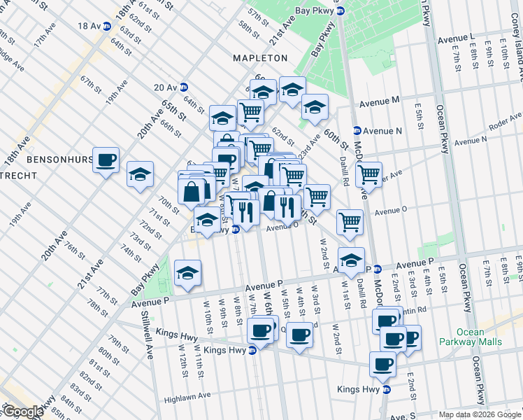 map of restaurants, bars, coffee shops, grocery stores, and more near 1407 West 6th Street in Brooklyn