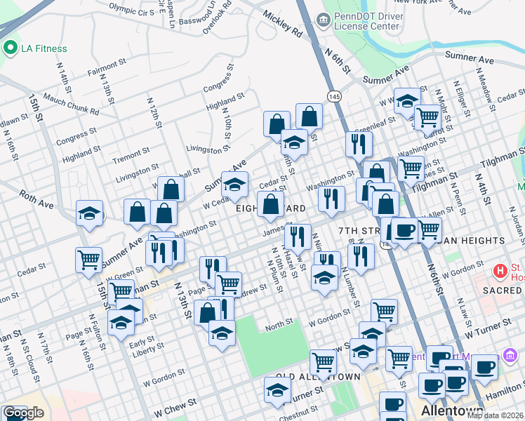 map of restaurants, bars, coffee shops, grocery stores, and more near in Allentown