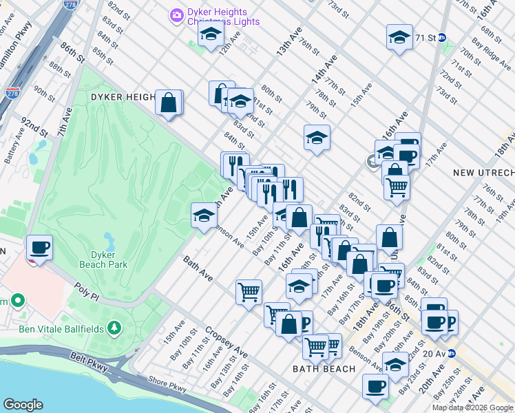map of restaurants, bars, coffee shops, grocery stores, and more near 8622 15th Avenue in Brooklyn