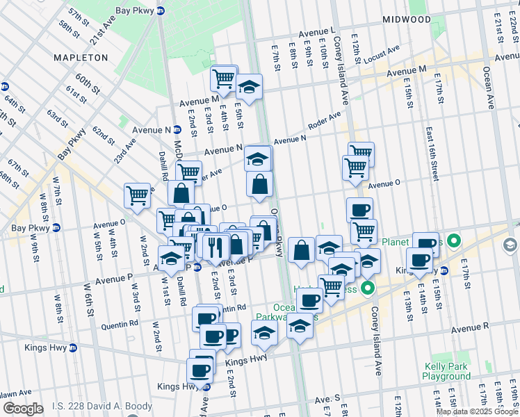 map of restaurants, bars, coffee shops, grocery stores, and more near 1510 Ocean Parkway in Brooklyn