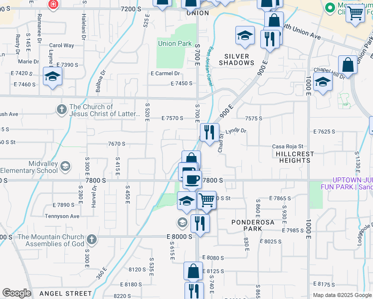 map of restaurants, bars, coffee shops, grocery stores, and more near 7709 South Sunbird Way in Midvale