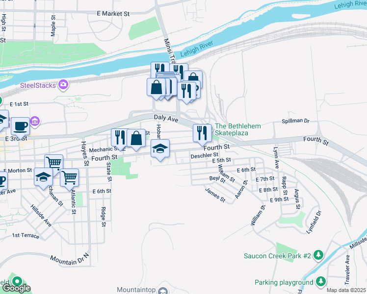 map of restaurants, bars, coffee shops, grocery stores, and more near 1249 East 4th Street in Bethlehem