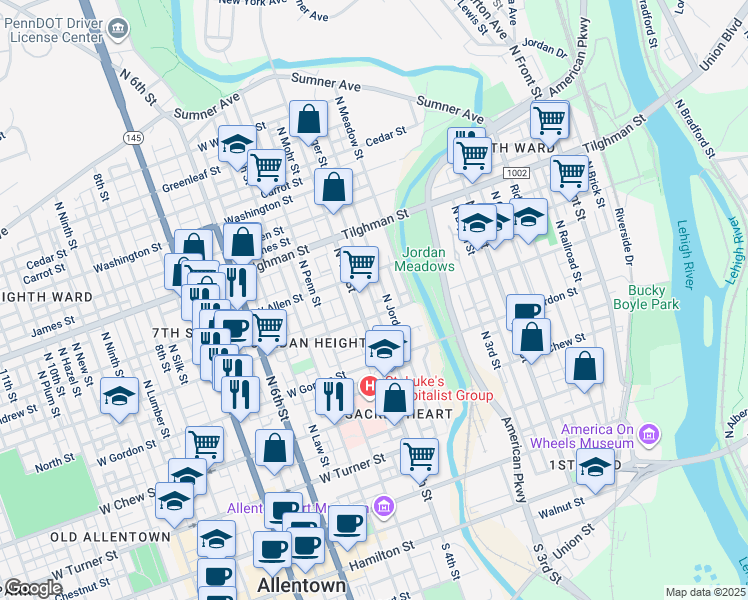 map of restaurants, bars, coffee shops, grocery stores, and more near 517 North Elliger Street in Allentown