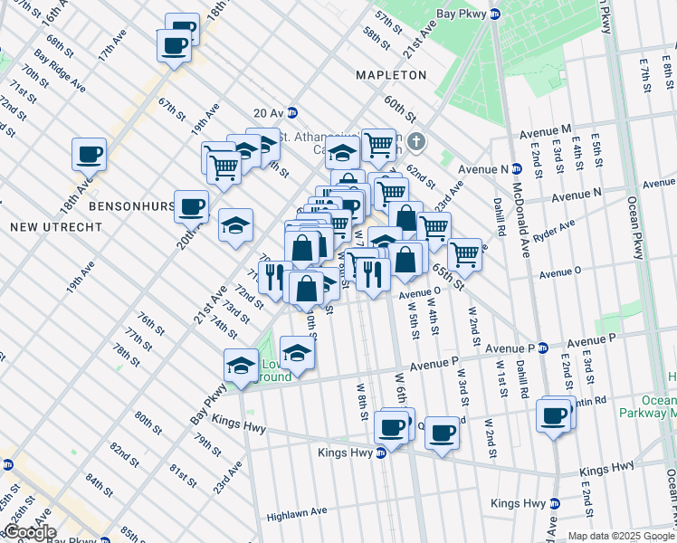 map of restaurants, bars, coffee shops, grocery stores, and more near 1471 West 9th Street in Brooklyn