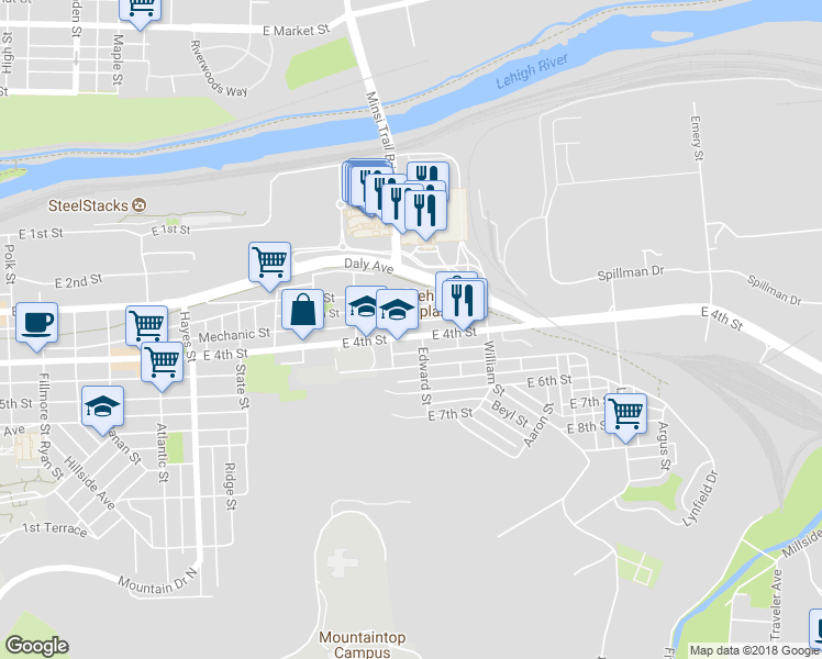 map of restaurants, bars, coffee shops, grocery stores, and more near 1251 East 4th Street in Bethlehem