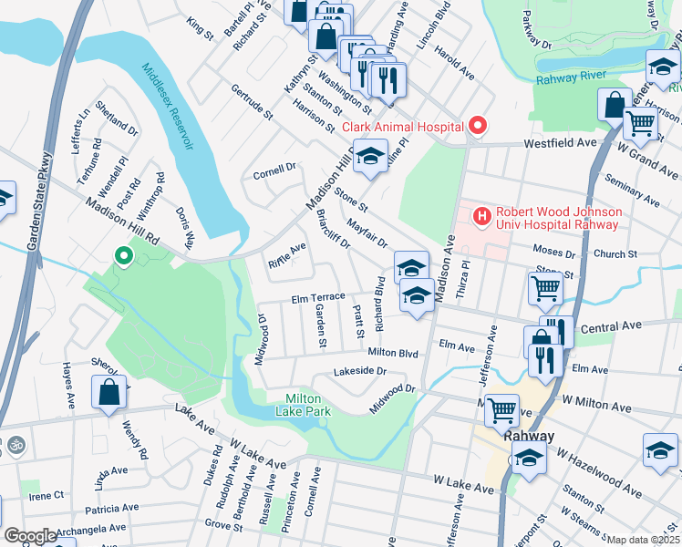 map of restaurants, bars, coffee shops, grocery stores, and more near 1103 Elm Terrace in Rahway