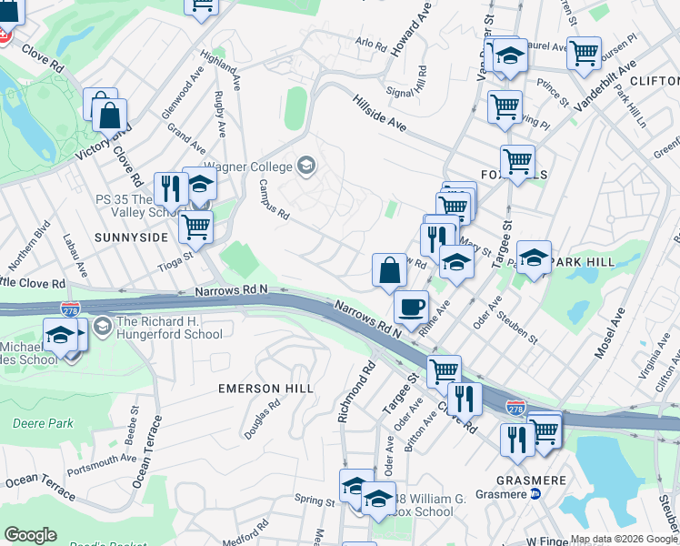 map of restaurants, bars, coffee shops, grocery stores, and more near 142 Longview Road in Staten Island