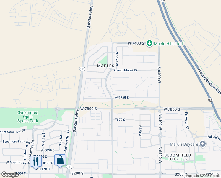 map of restaurants, bars, coffee shops, grocery stores, and more near 7668 Tellur Drive in West Jordan
