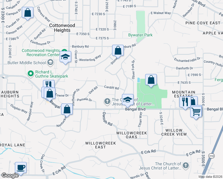 map of restaurants, bars, coffee shops, grocery stores, and more near 2968 Cardiff Road in Cottonwood Heights