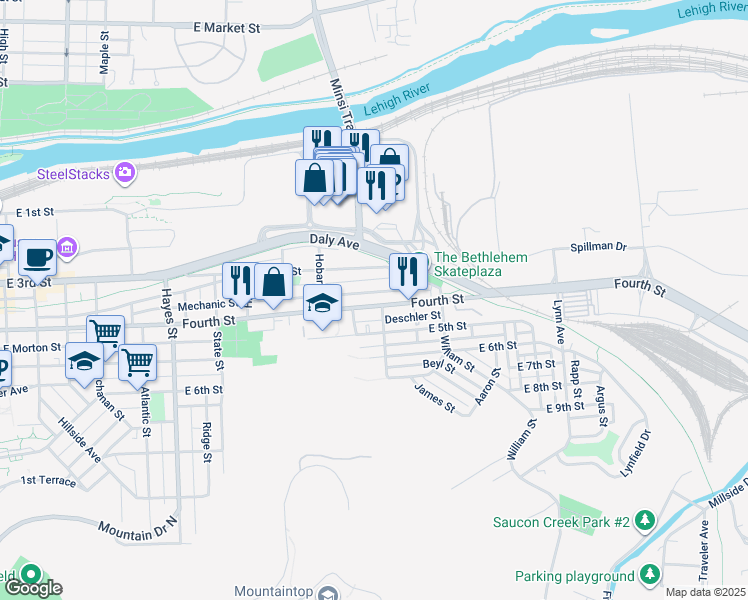 map of restaurants, bars, coffee shops, grocery stores, and more near 1253 East 4th Street in Bethlehem