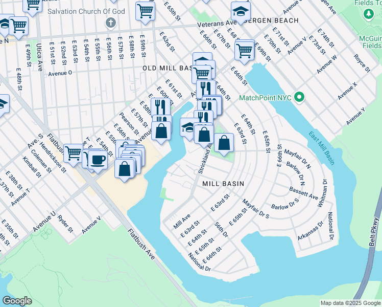 map of restaurants, bars, coffee shops, grocery stores, and more near 6019 Strickland Avenue in Brooklyn