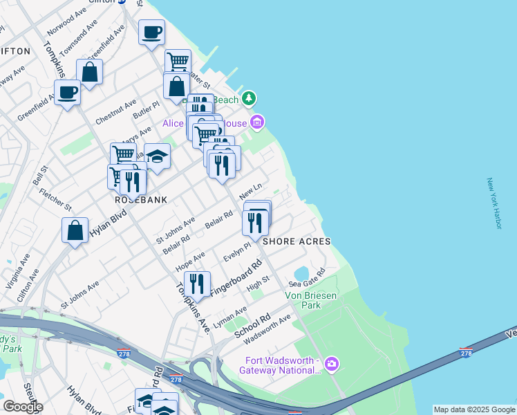 map of restaurants, bars, coffee shops, grocery stores, and more near 1331 Bay Street in Staten Island