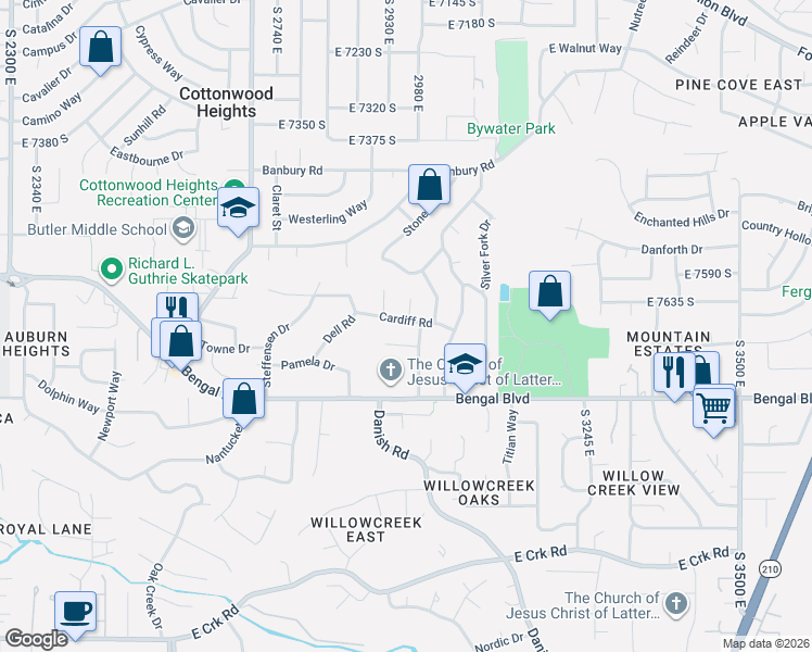 map of restaurants, bars, coffee shops, grocery stores, and more near 7723 Biscayne Drive in Cottonwood Heights
