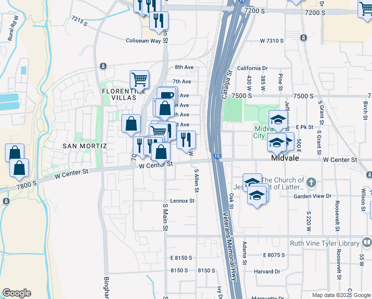 map of restaurants, bars, coffee shops, grocery stores, and more near in Midvale