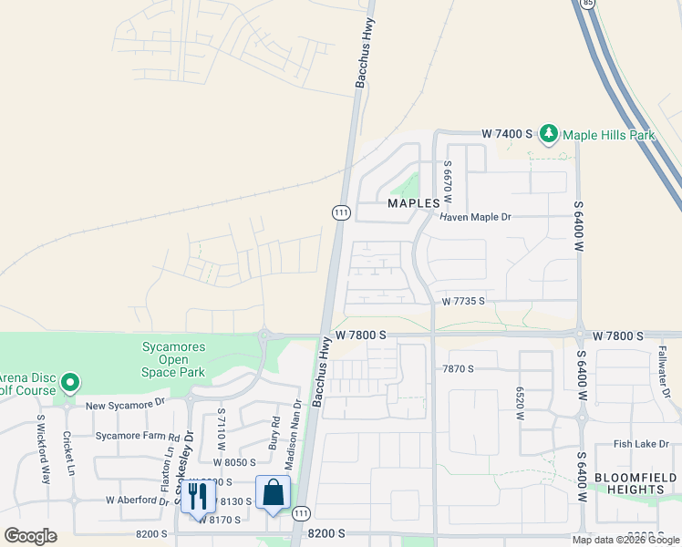map of restaurants, bars, coffee shops, grocery stores, and more near 7716 New Snowbell Lane in West Jordan