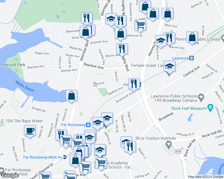 map of restaurants, bars, coffee shops, grocery stores, and more near 1107 Redfern Avenue in Queens