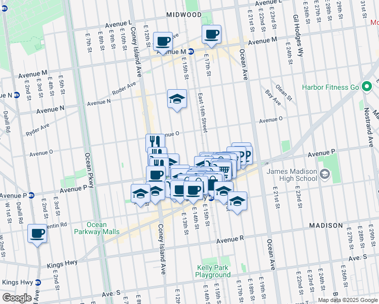 map of restaurants, bars, coffee shops, grocery stores, and more near 1580 East 15th Street in Brooklyn