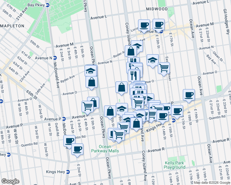 map of restaurants, bars, coffee shops, grocery stores, and more near 1554 East 9th Street in Brooklyn