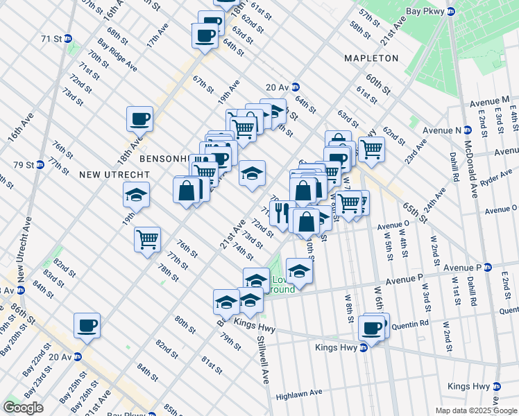 map of restaurants, bars, coffee shops, grocery stores, and more near 2112 72nd Street in Brooklyn