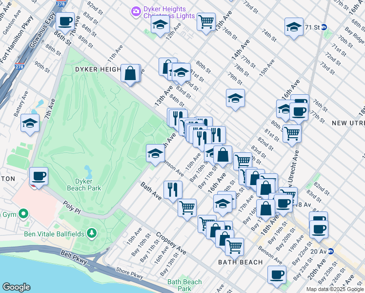 map of restaurants, bars, coffee shops, grocery stores, and more near 52 Bay 8th Street in Brooklyn