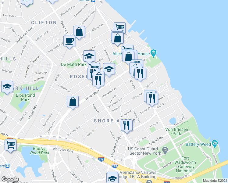 map of restaurants, bars, coffee shops, grocery stores, and more near 74 Dana Street in Staten Island
