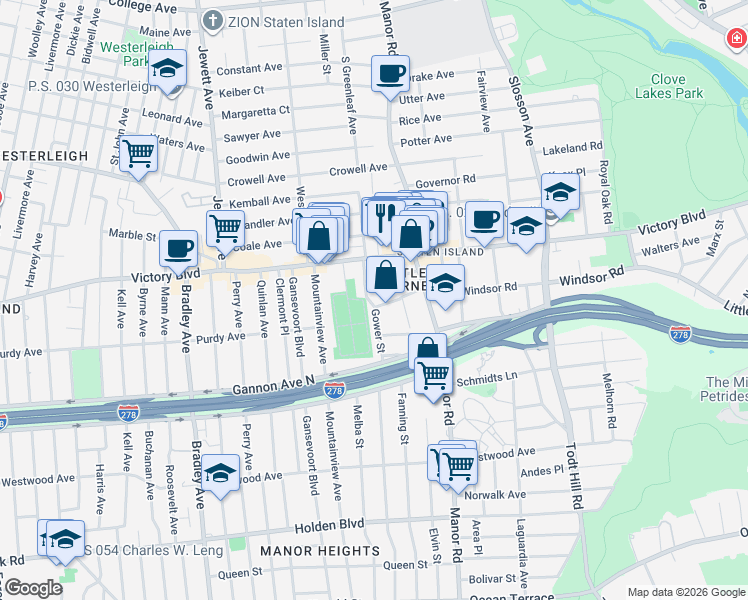 map of restaurants, bars, coffee shops, grocery stores, and more near 79 Lester Street in Staten Island