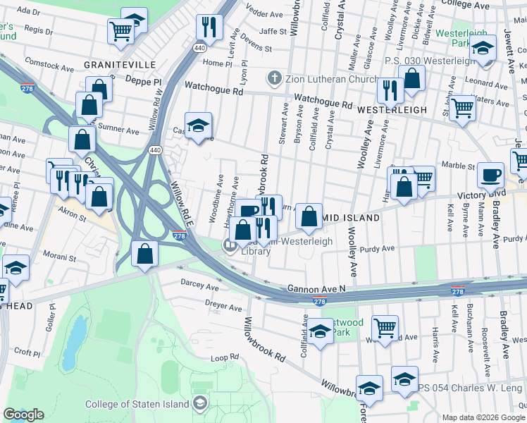 map of restaurants, bars, coffee shops, grocery stores, and more near 523 Willowbrook Road in Staten Island