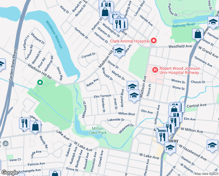 map of restaurants, bars, coffee shops, grocery stores, and more near 1103 Elm Terrace in Rahway