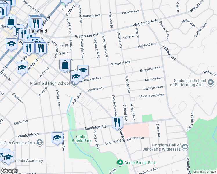 map of restaurants, bars, coffee shops, grocery stores, and more near 1144-48 Martine Avenue in Plainfield