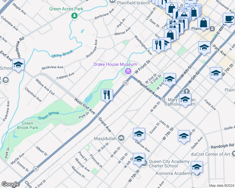 map of restaurants, bars, coffee shops, grocery stores, and more near 118 Lafayette Place in Plainfield