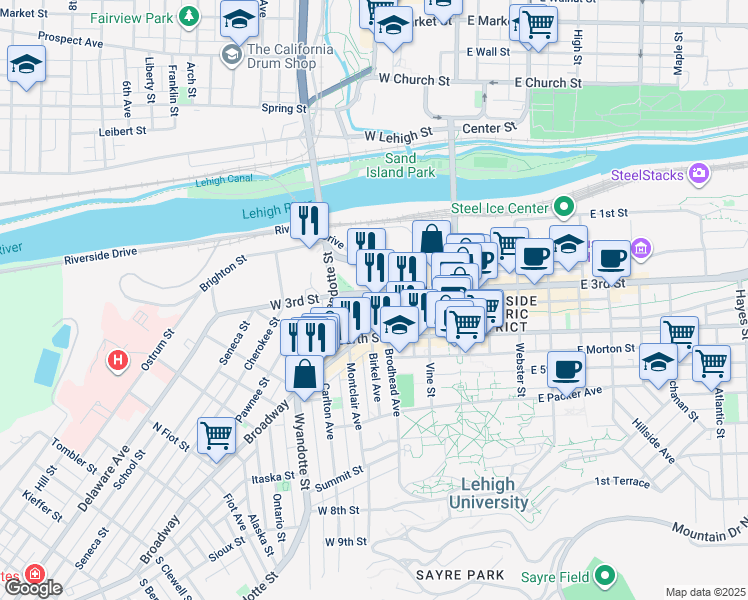 map of restaurants, bars, coffee shops, grocery stores, and more near 217 Broadway in Bethlehem