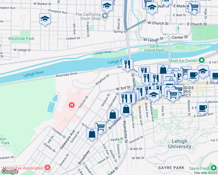 map of restaurants, bars, coffee shops, grocery stores, and more near 404 Seneca Street in Bethlehem