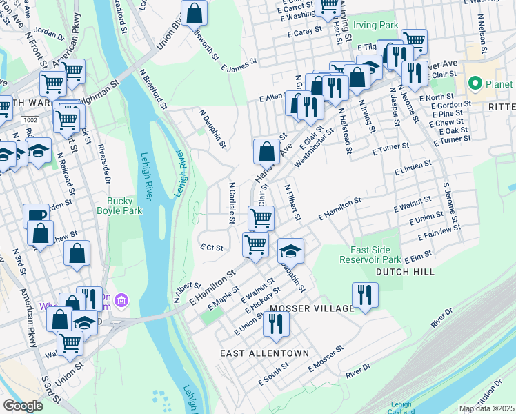 map of restaurants, bars, coffee shops, grocery stores, and more near in Allentown