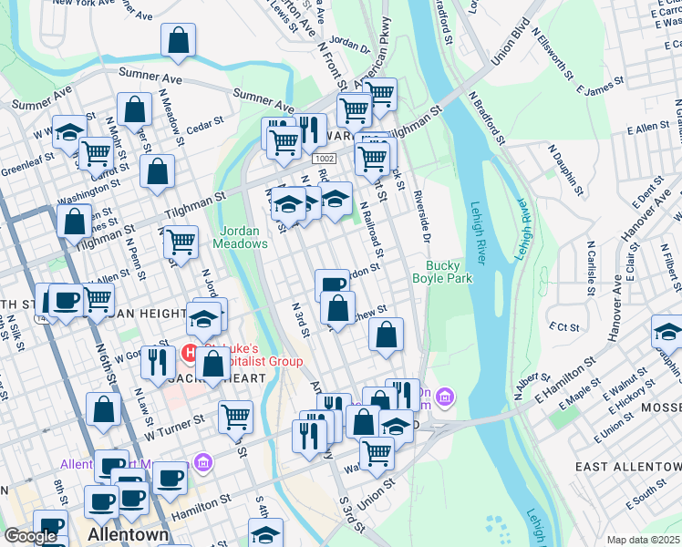 map of restaurants, bars, coffee shops, grocery stores, and more near 190 West Gordon Street in Allentown