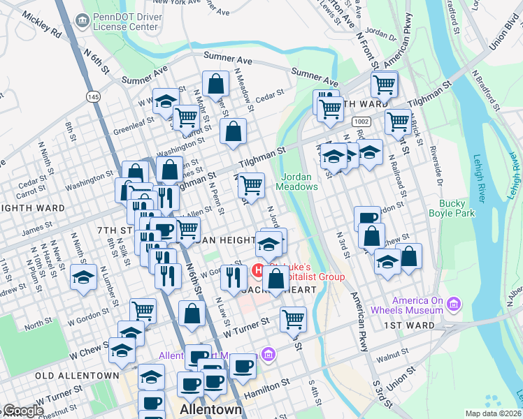 map of restaurants, bars, coffee shops, grocery stores, and more near 398 Liberty Street in Allentown