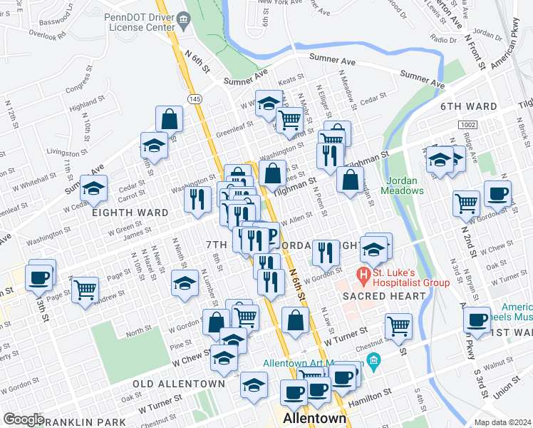 map of restaurants, bars, coffee shops, grocery stores, and more near 602 North 6th Street in Allentown