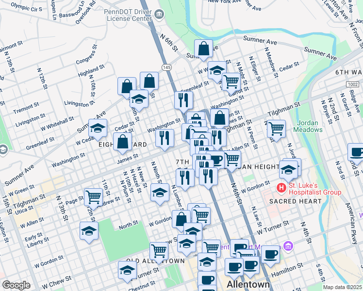 map of restaurants, bars, coffee shops, grocery stores, and more near 630 North 7th Street in Allentown
