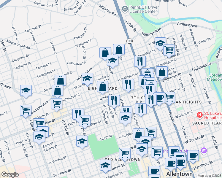 map of restaurants, bars, coffee shops, grocery stores, and more near 717 North New Street in Allentown