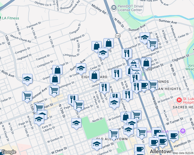 map of restaurants, bars, coffee shops, grocery stores, and more near 717 North New Street in Allentown