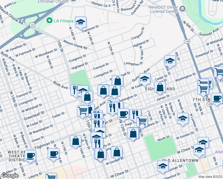 map of restaurants, bars, coffee shops, grocery stores, and more near 1249 South Roth Avenue in Allentown