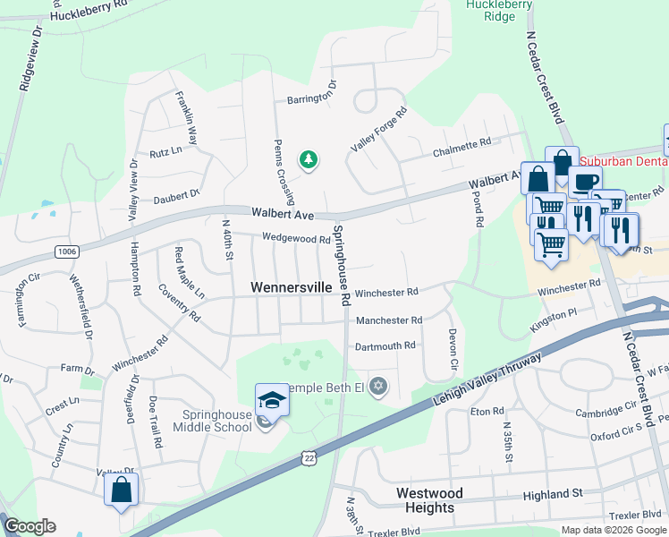 map of restaurants, bars, coffee shops, grocery stores, and more near 1449 White Oak Road in Allentown
