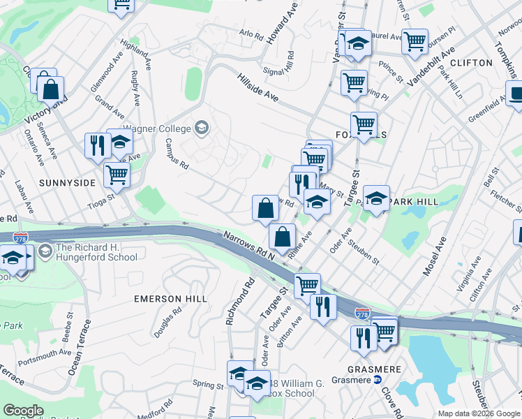 map of restaurants, bars, coffee shops, grocery stores, and more near 96 Longview Road in Staten Island