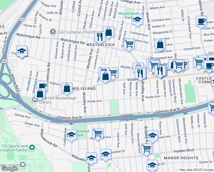 map of restaurants, bars, coffee shops, grocery stores, and more near 23 Bass Street in Staten Island