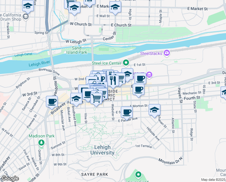 map of restaurants, bars, coffee shops, grocery stores, and more near 201 Mechanic Street in Bethlehem