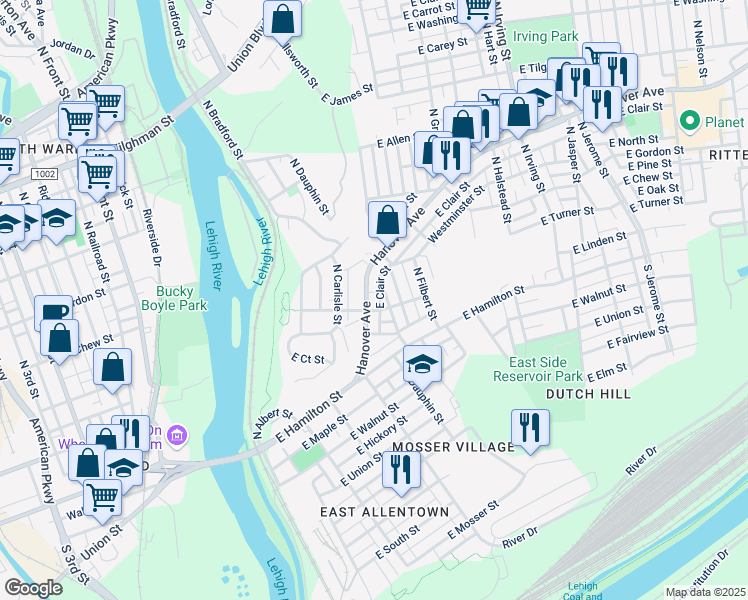 map of restaurants, bars, coffee shops, grocery stores, and more near in Allentown