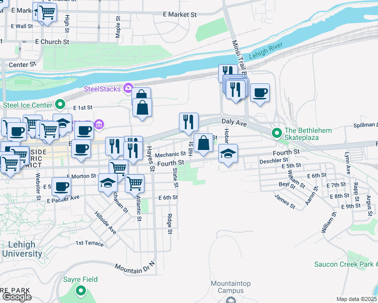 map of restaurants, bars, coffee shops, grocery stores, and more near 1039-43 Mechanic Street in Bethlehem