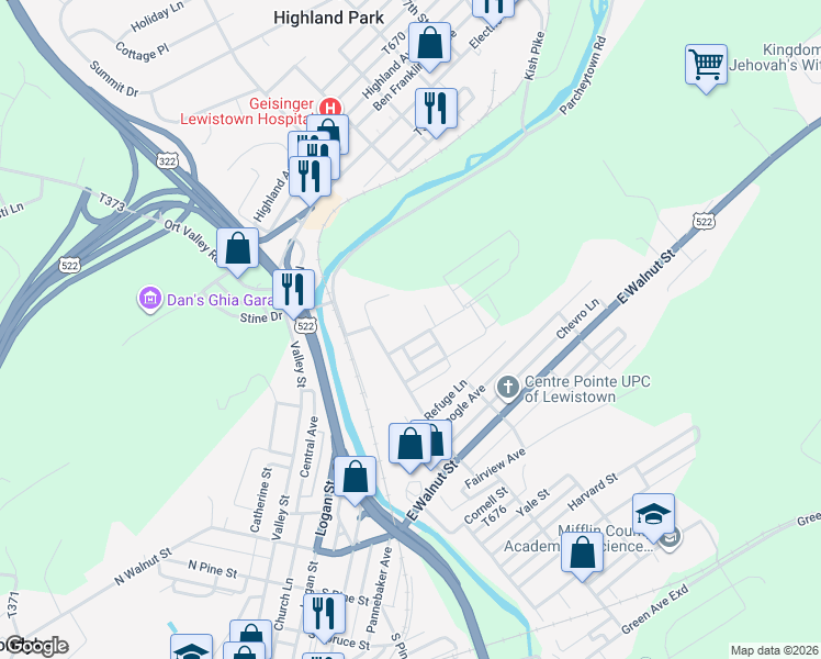 map of restaurants, bars, coffee shops, grocery stores, and more near 4 Oakland Avenue in Lewistown
