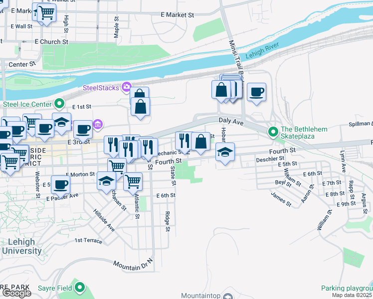 map of restaurants, bars, coffee shops, grocery stores, and more near 1039 Mechanic Street in Bethlehem