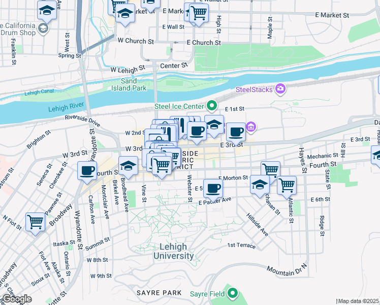 map of restaurants, bars, coffee shops, grocery stores, and more near 201 Mechanic Street in Bethlehem