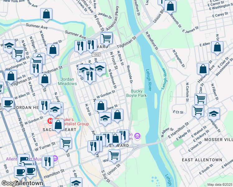 map of restaurants, bars, coffee shops, grocery stores, and more near 124-126 West Gordon Street in Allentown